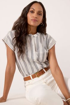 Effortlessly elevated, this striped button-down shirt by EVEREVE is crafted in cotton fabric and features a round neckline, curved hem, and cap sleeves with a mixed stripe design. Pair with ecru denim and sandals for a chic everyday look. | EVEREVE Women's Addison Stripe Mix Shirt, Size XS, Grey Casual Cotton Blouse With Vertical Stripes, Striped Cotton Short Sleeve Blouse, Striped Short Sleeve Cotton Blouse, Cotton Button-up Tops With Vertical Stripes, Casual Pinstripe Tops With Button Closure, Pinstripe Tops With Button Closure And Relaxed Fit, Everyday Striped Cotton Blouse, Cotton Blouse With Striped Collar And Short Sleeves, Pinstripe Cotton Short Sleeve Top