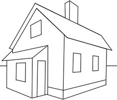 the outline of a house that is drawn in one point and has three windows on each side