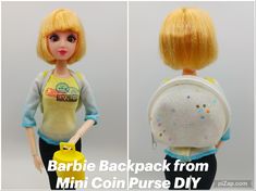 barbie doll back pack from mini coin purse diy with blonde hair and blue shirt