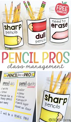 pencils and pens in jars with labels on them for the classroom to use together