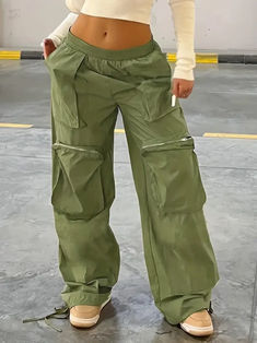 Fashion Y2K Loose Multi Pocket Zipper Pocket Cargo Pants, Casual Sports Loose Wide Leg Pants For Hiking, Women's Athleisure, affiliate Womens Cargo Trousers, Unique Pants, Street Fits, American Street, Baggy Cargo Pants, Green Cargo Pants, Big Pocket, Green Cargo, Women Cargos