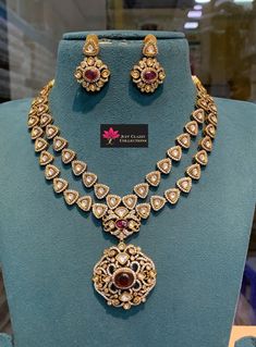 Beautiful & unique Ruby kundan stone Victorian set . Most trending collection!! DETAILS: Includes one necklace and two earrings. Weight with Earring : 124.5g Length : 18cm Type : Close necklace or can be adjusted with extension thread . Material: Imitation, kundan stone.  Base Material : Brass/Copper  Finish: Premium-quality, Rodium Victorian finish.  PRODUCT CARE: - Avoid contact with heat/fire, water, and chemicals such as perfumes or any sprays to prevent product damage.  - Store it in provided white base cover & box Luxury 22k Gold Victorian Jewelry, Fire Water, Copper Finish, Covered Boxes, Chemicals, Jewelry Sets, Premium Quality, Brass