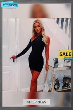 Women's Autumn and Winter Sexy One Shoulder Long Sleeve Bodycon Dress Slim Fit Bodycon Dress For Going Out, Slim Fit Mini Bodycon Dress For Going Out, Going Out Slim Fit Mini Bodycon Dress, Slim Fit Mini Bodycon Dress For Night Out, One Shoulder Stretch Bodycon Dress For Party Season, One-shoulder Stretch Bodycon Dress For Club, One Shoulder Stretch Bodycon Dress For Club, One Shoulder Stretch Bodycon Club Dress, Mini Bodycon Dress For Going Out And Party Season