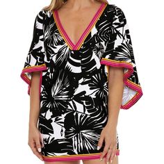 Follow The Sound Of The Blender To The Bar In This Cover-Up Dress Created In A Bold Black-And-White Botanical Print With Gradient-Striped Accents. Deep V-Neck Elbow-Length Sleeves 88% Nylon, 12% Spandex Hand Wash, Line Dry Imported Lined Black Beachwear Dress, Black Lined Beachwear Dress, Black Floral Print Dresses For Beach Season, Black Lined Dress For Beachwear, Black Floral Print Beachwear Dress, Black Floral Print Beach Dress, Black V-neck Tropical Dress, Black Tropical Dress For Spring, Black Tropical Dress For Beach Season