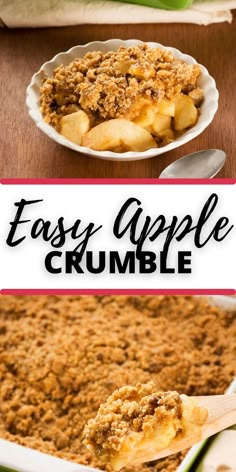 easy apple crumble recipe in a casserole dish on a wooden table with text overlay