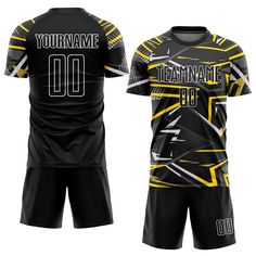 a black and yellow soccer uniform with the name teamname bd written on it