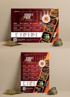 two sides of a restaurant brochure with food items on it