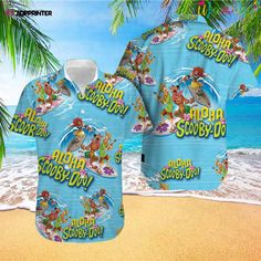 Scooby Doo Aloha Hawaiian Shirt: Fun & Stylish Beachwear for a Cool Look - Shop Now! Casual Hawaiian Shirt With All Over Print For Beach, Blue Beachwear Shirt For Vacation, Blue Summer Camp Shirt For Beach, Casual Hawaiian Shirt With All Over Print For Vacation, Summer Beach Swimwear With Cartoon Print, Multicolor Graphic Print Beach Shirt, Blue Summer Camp Shirt For Vacation, Summer Blue Camp Shirt For Vacation, Hawaiian Shirt For Beach Season Vacation