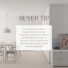 a white room with a table and chairs next to a wall that says buyer tip