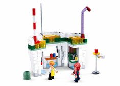 a lego set is shown with two people in front of the building and one person standing outside