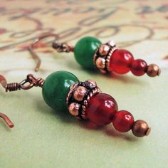 Gemstone Christmas Earrings in Antiqued Genuine Copper Green | Etsy Jade Beaded Dangle Earrings For Gift, Aventurine Natural Stone Earrings Gift, Aventurine Natural Stone Earrings, Beaded Jade Earrings As A Gift, Jade Beaded Earrings As Gift, Jade Beaded Earrings With Ear Wire As Gift, Jade Beaded Earrings With Ear Wire For Gifts, Green Spiritual Earrings For Gift, Spiritual Green Earrings For Gift