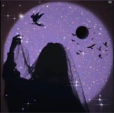 the silhouette of a woman in front of a full moon with birds flying around her