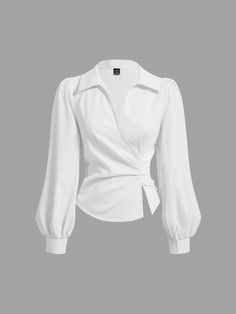 Women's Elegant Solid Color Lantern Sleeve Wrap Blouse, Spring And Autumn White Elegant  Extra-Long Sleeve Woven Fabric Plain Top Non-Stretch  Women Clothing, size features are:Bust: ,Length: ,Sleeve Length: Wrap Tops Outfit, Ballon Sleeves Top, White Background Outfit, Elegant Tops And Blouses, Women Blouses Fashion Classy, Wrap Tops For Women, White Blouse Long Sleeve, Autumn Blouses