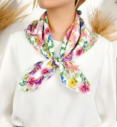 Discover the perfect blend of elegance and functionality with our uniquely designed Silk Scarf!  This versatile accessory is crafted from the finest silk, making it an ideal addition to any woman's wardrobe. Whether you use it as a wrap neckerchief, a luxurious hijab, or a chic bandana headband, this scarf is the perfect blend of style and sophistication. ✨ Key Features ✨ 💎 Unique Design: Hibiscus Flowers Printed, Stand out with a one-of-a-kind design that adds a touch of personality to any out Multicolor Shawl-style Headscarf, Silk Scarf With Floral Print, Floral Print Bandana For Summer, White Bohemian Silk Scarf For Spring, Summer Floral Print Bandana, Elegant Multicolor Bandana For Spring, Elegant Multicolor Summer Bandana, Multicolor Floral Print Headscarf For Spring, White Bohemian Silk Scarf With Floral Print