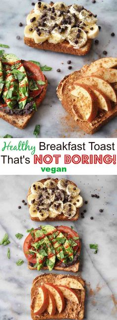 toasted sandwiches with different toppings on them and the words healthy breakfast toast that's not boring