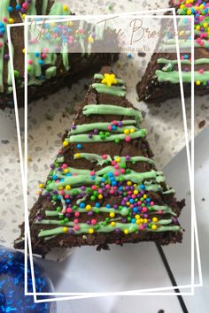 chocolate christmas tree brownies with sprinkles and green frosting on top