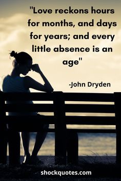 a woman sitting on top of a bench next to the ocean with a quote from john dryden