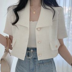 Short Sleeve Nothced Slim Blazer Shirt – Nada Outfit Land Beige Collared Top With Pockets, Beige Collar Tops With Pockets, White Short Sleeve Outerwear For Summer, Fitted White Tops With Pockets, White Fitted Tops With Pockets, Mode Mantel, Pastel Outfit, Female Shorts, Mode Inspo