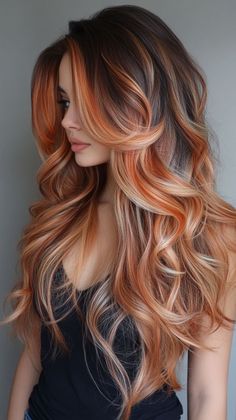 Brown To Red Color Melt, Tiktok Hair Color Ideas, Hair Color For Golden Brown Eyes, Black Hair With Blonde And Red Highlights, Orange Halo Hair, Strawberry Ombre Hair, Winter Hair Inspiration, Light Brown Hair With Orange Highlights, Cool Colors To Dye Your Hair