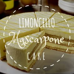 there is a cake that has been cut in half on a plate with the words limoonicello mascarpone cake above it