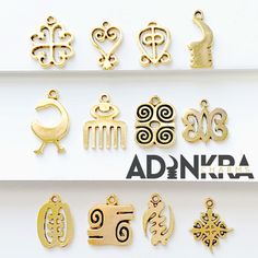 "NOW INCLUDES AKOBEN** These Antique Gold Adinkra Charms are perfect for personalizing a bracelet or necklace or they are light enough for earrings! Every charm is made right here in the United States, free of nickel, lead and cadmium. This set includes- 2 of the following charms - Sankofa - Sankofa Bird - Dwennimmen - Gye Nyame - Odo Nnyew Fie Kwan - Funtunfunefu-Denkyemfunefu - Duafe - Hye Won Hye - Nyame Dua - ESE NE TEKREMA - KWATAKYE ATIKO - AKOBEN Size: 3/4\" x 3/4\"" Unique Handmade Gold Charms, Handmade Gold Spiritual Charms, Handmade Gold Symbolic Charms, Symbolic Handmade Gold Charms, Handmade Symbolic Gold Charms, Customizable Symbolic Gold Jewelry, Gold Bohemian Charms For Gifts, Bohemian Gold Charms For Gifts, Handmade Gold Charms For Crafting