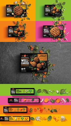 an assortment of food packaging designs with different colors and shapes, including oranges, meatballs