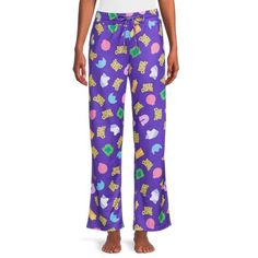 Magically comfortable! Kick back, relax and lounge away with Lucky Charms Sleep Pants featuring colorful prints of the iconic marshmallows. Super-soft for added comfort, these womens sleep pants are highlighted by an easy-going, pull-on style with an elasticized waist and drawstring for a cozy fit. Size: XL (16-18).  Color: Purple.  Gender: female.  Age Group: adult.  Pattern: graphic. Multicolor Elastic Waistband Sleepwear For Lounging, Multicolor Sleep Bottoms With Elastic Waistband, Casual Multicolor Sleep Bottoms, Playful Multicolor Bottoms For Sleep, Playful Multicolor Sleep Bottoms, Casual Purple Sleep Pants, Womens Pajamas Pants, Pajama Pant, Sleep Pants