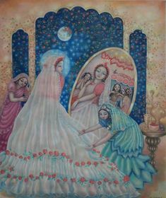 a painting of three women in wedding dresses