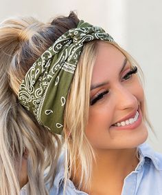 Olive Bandanna Twist-Top Soft Headband. Hide day two 'dos with this twist-top headband boasting a stretchy fit and classic bandanna design for effortlessly put-together style. 4'' W100% polyesterMachine washImported Headscarf Styles, Cowgirls Hairstyles, Bounty Hunters, Bandana Headband, Black Dress Outfits