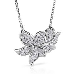 Sterling Silver Diamond Flower Pendant Necklace, Silver Diamond Necklace With Flower Charm, Sterling Silver Flower Necklace With Diamond Accents, Sterling Silver Necklace With Diamond Accents In Flower Shape, White Diamond Flower Pendant Necklace In Sterling Silver, White Gold Flower Necklaces With Diamond Accents, Silver Flower-shaped Diamond Necklace Gift, Silver Flower Shaped Diamond Necklace As Gift, Silver Necklace With Diamond Accents Flower Shape