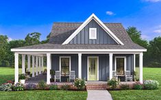 a small house with porches and chairs in the front yard