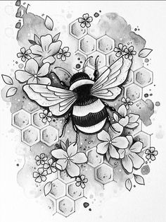 a black and white drawing of a bee surrounded by flowers