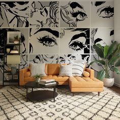 a living room filled with furniture and wallpaper covered in black and white art pieces