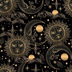 the sun and moon are depicted in gold on black