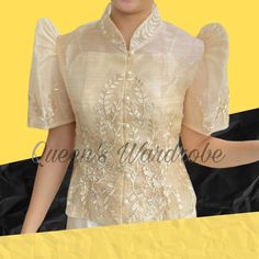 Elevate your fashion game with our exquisite Filipiniana collection, perfect for special occasions and cultural events. Shop now! ✨ Fabric: Organza with 3D Lace Imelda Sleeves Chinese Collar Note: We are going to ship from Philippines and our courier is DHL, the Contact number of the receiver is required. so please send us your contact number after you check out. Thank you so much 🫶💌 Organza Blouse For Wedding And Eid Festival, Wedding Eid Organza Blouse, Floral Embroidered Brocade Sets, Elegant Cream Traditional Wear For Party, Elegant Cream Traditional Party Wear, Festive Embroidered Organza Tops, Wedding Pearl Embroidery Blouse Piece, Elegant White Traditional Wear For Spring, Wedding Organza Blouse Piece