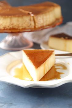 a slice of cheesecake on a plate with caramel sauce