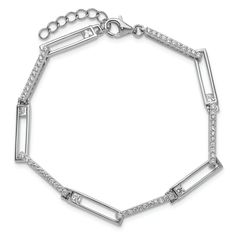 Rhodium over sterling silver polished rectangular link bracelet with cubic zirconia stones. Complete with box catch clasp. Measures approximately 6 3/4"L x 1/8"W + 1" extender. Modern Sterling Silver Cubic Zirconia Bracelet Gift, Modern Sterling Silver Cubic Zirconia Bracelet, Modern Silver Bracelets With Sparkling Stones, Rectangular Silver Bracelet With Diamond Accents, Rectangular Jubilee Bracelet In Cubic Zirconia, Classic Rectangular Cubic Zirconia Diamond Bracelet, Luxury Silver Rectangular Diamond Bracelet, Luxury Silver Rectangular Tennis Bracelet, Rectangular Cubic Zirconia Diamond Bracelet In White Gold