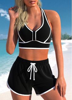 Color:Black;Size:S;Size:M;Size:L;Size:XL;Size:XXL;Bra Style:Padded;Support:Wire Free;Pad Style:Removable;Strap Style:Adjustable;Package Contents:1 X Bra , 1 X Shorts;Occasion:Sport; Swimsuit Shorts For Women, Summer Fashions, Black Bathing Suits, Bra Style, Bra Types, Wireless Bra, Clothes Ideas, Beach Wears, Bra Styles