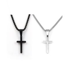 "*Cross Necklace for men is Highly polished shiny both sides surface simple and classic design pendant with 2mm chain. *Black, Siver Cross Necklace for men, cross pendant with chain High Quality 316L Stainless Steel is Commonly used for jewelry because it will not oxidize or turn black with only minimal maintenance. *Cross Pendant size Black and Silver : Length - 0.82\"(21mm), Width - 0.43\"(11mm). *Cross Chain size : Length - 16\", 18\", 20\", 22\",24\", 26\" Width - 2mm. Six different lengths Gift Black Cross Chain Necklace, Black Cross Chain Necklace Gift, Black Cross Chain Necklace As Gift, Black Spiritual Jewelry For Father's Day, Spiritual Black Jewelry For Father's Day, Black Cross Pendant Jewelry For Father's Day, Silver Cross Necklaces, Cross Necklace Black, Cross Necklace Men