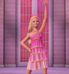 the barbie doll is wearing a pink dress and holding her hand up in the air