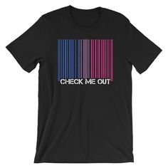 "This Bi Pride Flag Check Me Out Bar Code shirt is perfect for the bisexual who wants to show off their pride, whether it's pride month or not. Do you know someone who is proud to be bi? This bisexual check me out barcode bi pride flag tee shirt will be a gift they will be sure to love. Grab one Today. This t-shirt is everything you've dreamed of and more. It feels soft and lightweight, with the right amount of stretch. It's comfortable and flattering for both men and women.  * 100% combed and ring-spun cotton (heather colors contain polyester) * Fabric weight: 4.2 oz (142 g/m2) * Shoulder-to-shoulder taping * Side-seamed Model is wearing a size M. He's 6.2 feet (190 cm) tall, chest circumference 37.7\" (96 cm), waist circumference 33.4\" (85 cm)." Bisexual Outfits, Lgbtq Outfit, Pride Clothing, Coding Shirts, Grunge Accessories, Bisexual Flag, Bar Code, Rainbow Aesthetic, Pride Outfit