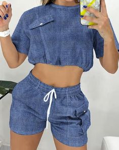 Davina Outifits Fashion Denim Patch Round Neck Short Sleeve Two Piece Sets Two Pieces Set Outfits, 2023 Summer Fashion, Womens Clothing Store, Short Sleeve Tops Casual, Play Outfit, Straight Clothes, Pocket Shorts, Denim Patches, Pretty Prom Dresses