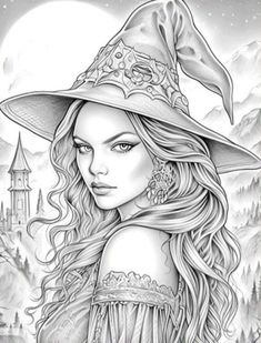 a drawing of a woman wearing a witches hat