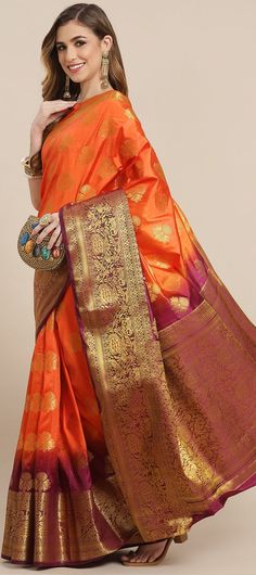 Festive, Traditional Orange color Saree in Art Silk fabric with South Weaving, Zari work : 1939564 Vibrant Multicolor Saree For Festivals, Artistic Saree With Zari Work, Artistic Dupatta With Cutdana, Artistic Wedding Saree With Pallu Detail, Artistic Wedding Saree With Pallu Design, Artistic Wedding Dupatta, Traditional Drape Saree For Festivals, Festival Orange Saree, Orange Traditional Drape Saree For Celebration