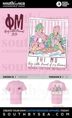 a pink shirt with an image of two women on it and the words phi mu written in