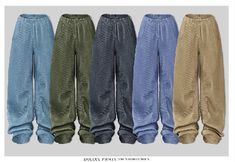 five different colored sweatpants are lined up in the same row and one is blue, brown