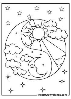 the sun and moon coloring page with stars in the sky, clouds, and trees