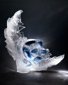 a glass sculpture with blue and white designs on it's body, in the dark