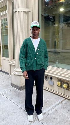 Green Cardigan Outfit, Cardigan Aesthetic, Tyler The Creator Outfits, Guys Outfits, Mens Shawl Collar Cardigan, Mens Shawl, Lovers Aesthetic, Sweater Outfits Men