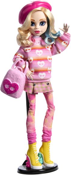 a doll with blonde hair and blue eyes wearing pink pants, yellow boots and a pink hat